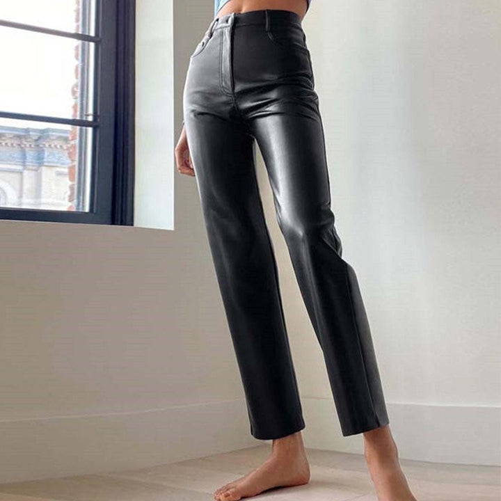 Pantalones rectos de PU de cintura alta para mujer
