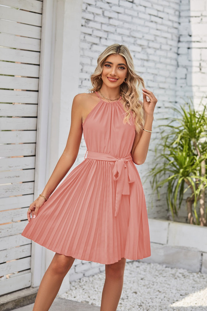 Round neck dress and pleated skirt
