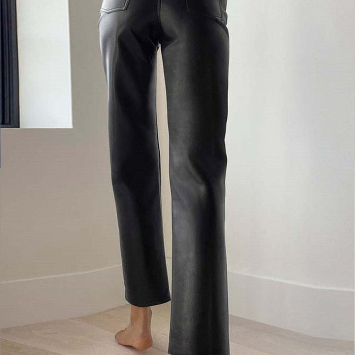 Pantalones rectos de PU de cintura alta para mujer